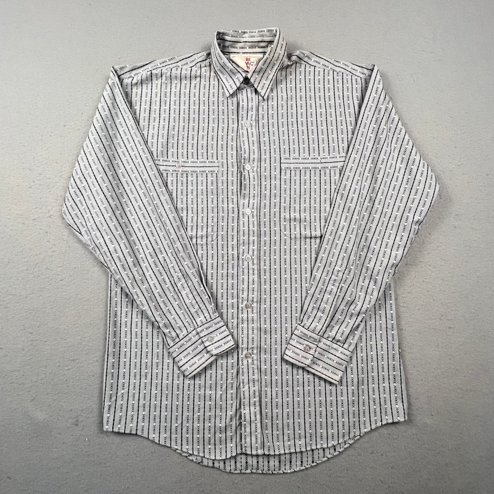 Jordache Man Button Up Shirt Mens Small Gray Striped Geometric Vintage 80s Boho